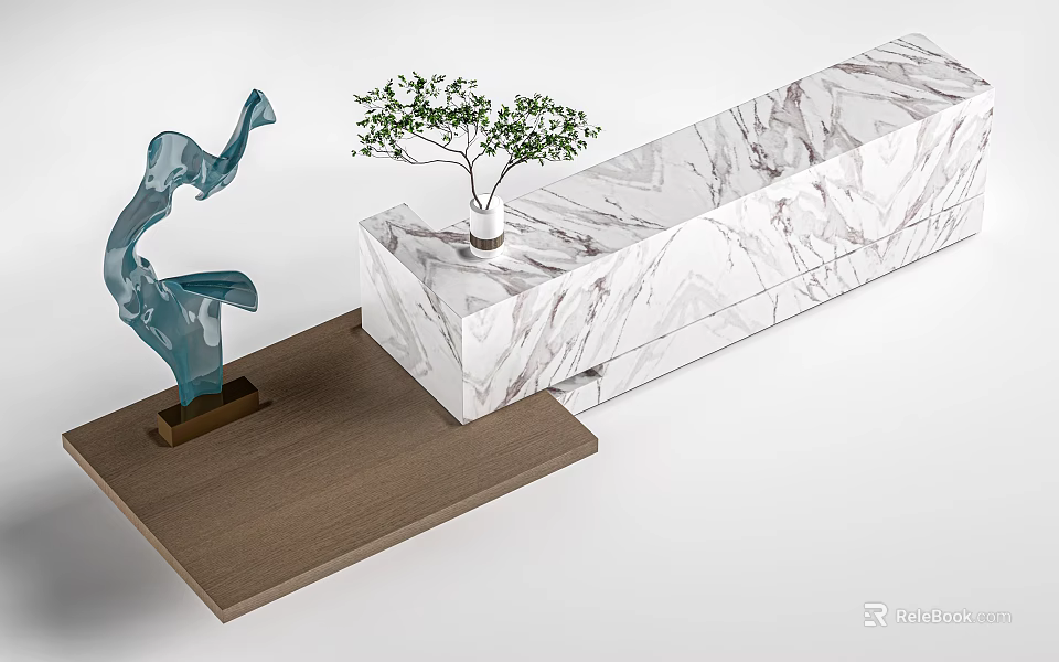 Elegant Bar Counter Interior With White Marble Top Blue Sculpture And Green Plant 3d model 