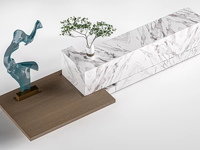 Elegant Bar Counter Interior With White Marble Top Blue Sculpture And Green Plant 3d model