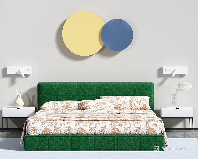 Green Upholstered Double Bed With Floral Bedspread Nightstands Vases And Circular Wall Decor 3d model 