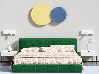 Green Upholstered Double Bed With Floral Bedspread Nightstands Vases And Circular Wall Decor 3d model