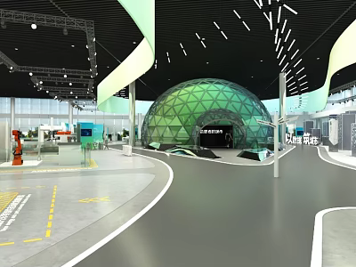 Modern Exhibition Hall Interior With Green Dome Structure And Tech Display Elements 3d model
