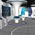 Modern Exhibition Space With White Sculptural Installation And Blue Accents