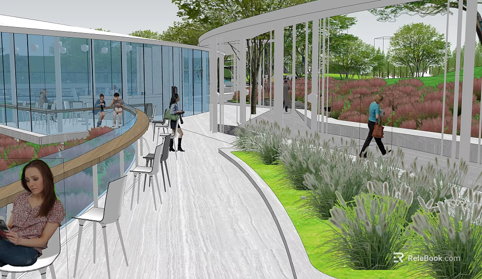 Modern Garden Landscape Featuring Curved Glass Structure Outdoor Seating Green Plants And Pedestrians On Pathway 3d model 