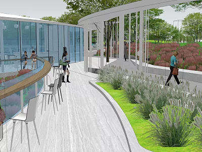 Modern Garden Landscape Featuring Curved Glass Structure Outdoor Seating Green Plants And Pedestrians On Pathway 3d model