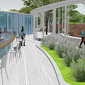 Modern Garden Landscape Featuring Curved Glass Structure Outdoor Seating Green Plants And Pedestrians On Pathway