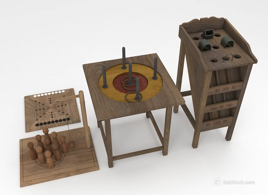 Classic Wooden Game Collection With Tabletop Rack Board And Playing Pawns 3d model 