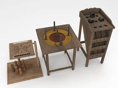 Classic Wooden Game Collection With Tabletop Rack Board And Playing Pawns 3d model