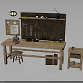 Wooden Workbench With Tools Stool And Cabinet Featuring Wall Mounted Tool Rack And Bulletin Board