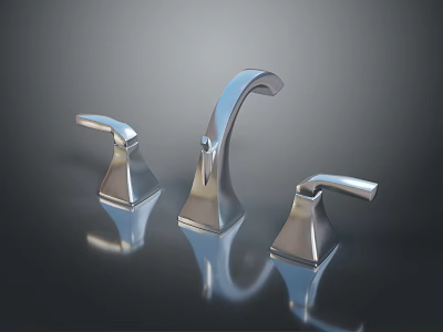 Modern Chrome Bathroom Faucet Set With Three Sleek Metal Fixtures And Reflective Surface 3d model