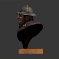Man's Detailed Sculpted Bust Wearing Medieval Helmet With Chainmail On Wooden Base