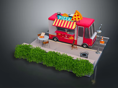 Red Pizza Truck With Striped Awning And Outdoor Dining Tables Near Green Bushes 3d model