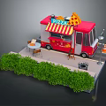 Red Pizza Truck With Striped Awning And Outdoor Dining Tables Near Green Bushes