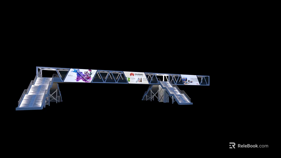 Modern Metal Truss Bridge With Colorful Display Panels And Side Stairs For Events 3d model 