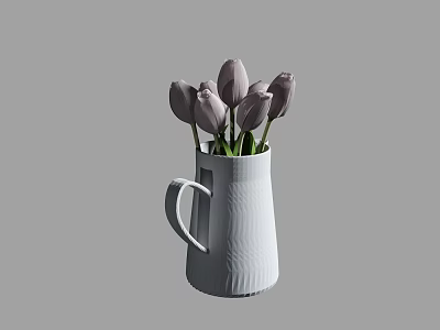 White Textured Pitcher Vase With Purple Tulips On Gray Background 3d model