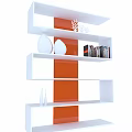 Modern White Bookcase With Multiple Shelves Orange Panels And Decorative Ornaments Books