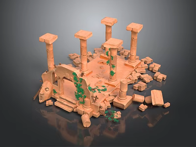 Cartoon Scene Of Ancient Ruins With Tall Columns Stone Archway And Green Vines 3d model