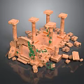 Cartoon Scene Of Ancient Ruins With Tall Columns Stone Archway And Green Vines