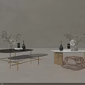 Modern Coffee Tables With Marble Glass Tops And Gold Metal Frames Decorated With Vases Plants