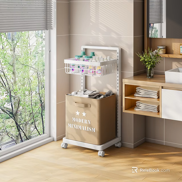 Modern Bathroom Cabinet Rack with Wheels and Storage Shelves for Toiletries Organizer in Sunlit Space 3d model 