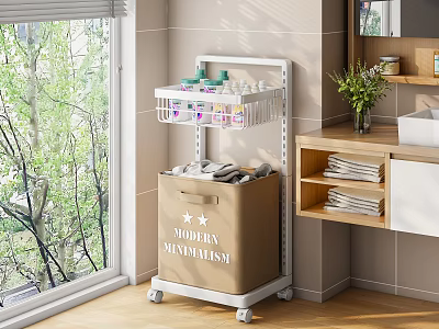 Modern Bathroom Cabinet Rack with Wheels and Storage Shelves for Toiletries Organizer in Sunlit Space 3d model