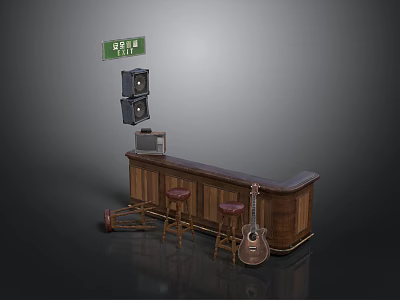 Vintage Music Bar Setup With Wooden Counter Red Stools Guitar And Speakers 3d model