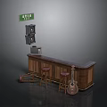 Vintage Music Bar Setup With Wooden Counter Red Stools Guitar And Speakers