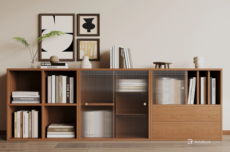 Modern Wooden Bookcase With Shelves Grid Doors Books And Decorative Wall Art 3d model 
