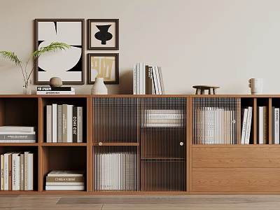 Modern Wooden Bookcase With Shelves Grid Doors Books And Decorative Wall Art 3d model