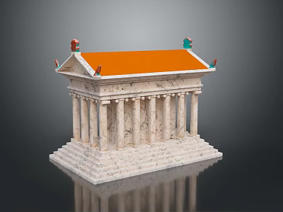 Ancient Colonnaded Building Featuring White Columns Orange Roof Red Green Ornaments And Stone Steps 3d model