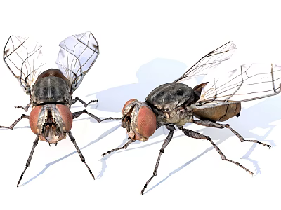 Two Flying Insects With Transparent Wings Red Eyes And Black Bodies On White Background 3d model