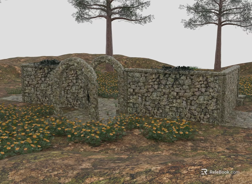 Rustic Outdoor Garden With Stone Walls Wooden Trees Archway And Yellow Flowers 3d model 