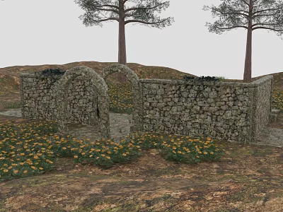 Rustic Outdoor Garden With Stone Walls Wooden Trees Archway And Yellow Flowers 3d model