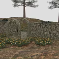 Rustic Outdoor Garden With Stone Walls Wooden Trees Archway And Yellow Flowers