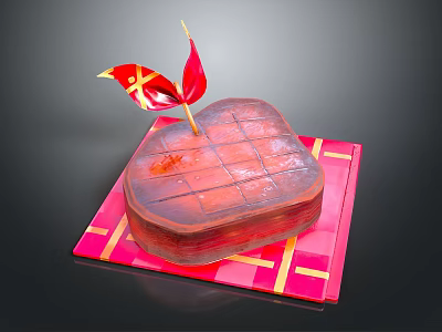 Heart Shaped Chocolate Cake on Red Gold Checkered Mat With Decorative Flag 3d model