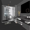 Modern Bathroom Interior with Glass Shower Large Mirror Marble Countertop Storage Cabinets and Window Blinds