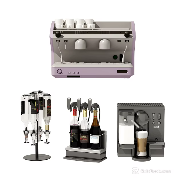 Modern Stylish Kitchen Appliances Including Coffee Maker Wine Rack and Beverage Dispenser 3d model 