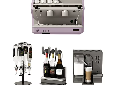 Modern Stylish Kitchen Appliances Including Coffee Maker Wine Rack and Beverage Dispenser 3d model