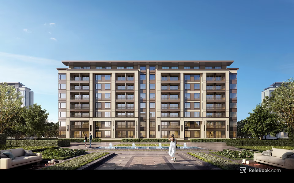 Modern Multi Storey Residential Building With Landscaped Surroundings And Fountains 3d model 