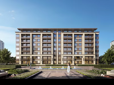 Modern Multi Storey Residential Building With Landscaped Surroundings And Fountains 3d model