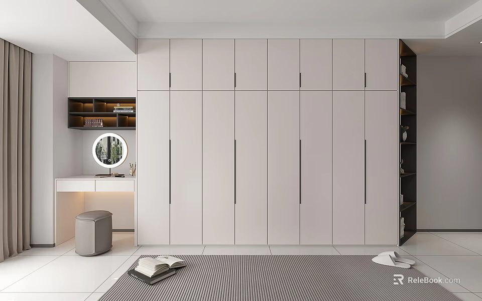 Modern White Integrated Wardrobe Design In Bedroom With Dressing Table And Mirror 3d model