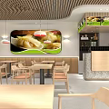 Modern Restaurant Interior With Wooden Tables Pendant Lights And Green Wall Art