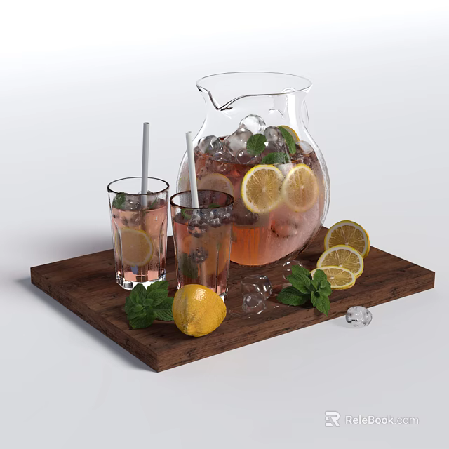 Refreshing Lemon Mint Drink in Glass Pitcher with Ice and Slices on Wooden Tray 3d model 