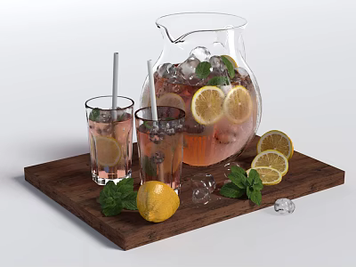 Refreshing Lemon Mint Drink in Glass Pitcher with Ice and Slices on Wooden Tray 3d model