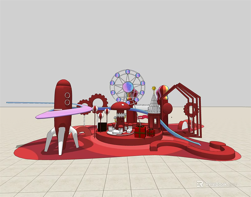 Colorful Children's Playground With Red Rocket Ferris Wheel Slide And Gears 3d model 
