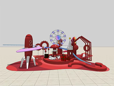 Colorful Children's Playground With Red Rocket Ferris Wheel Slide And Gears 3d model