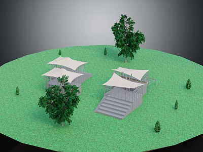 Outdoor Scene With White Canopy Structures Green Grass Trees And Steps On Lawn 3d model