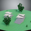 Outdoor Scene With White Canopy Structures Green Grass Trees And Steps On Lawn