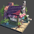 Cartoon Cake Shop Scene With Chef Cat Red Roof Green Plants And Checkered Awning