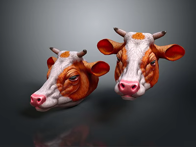 Two Brown And White Cow Head Models With Pink Noses And Big Ears 3d model