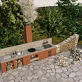 Outdoor Brick Grill Area With Chimney Firewood Stack Stone Paved Ground And Green Trees